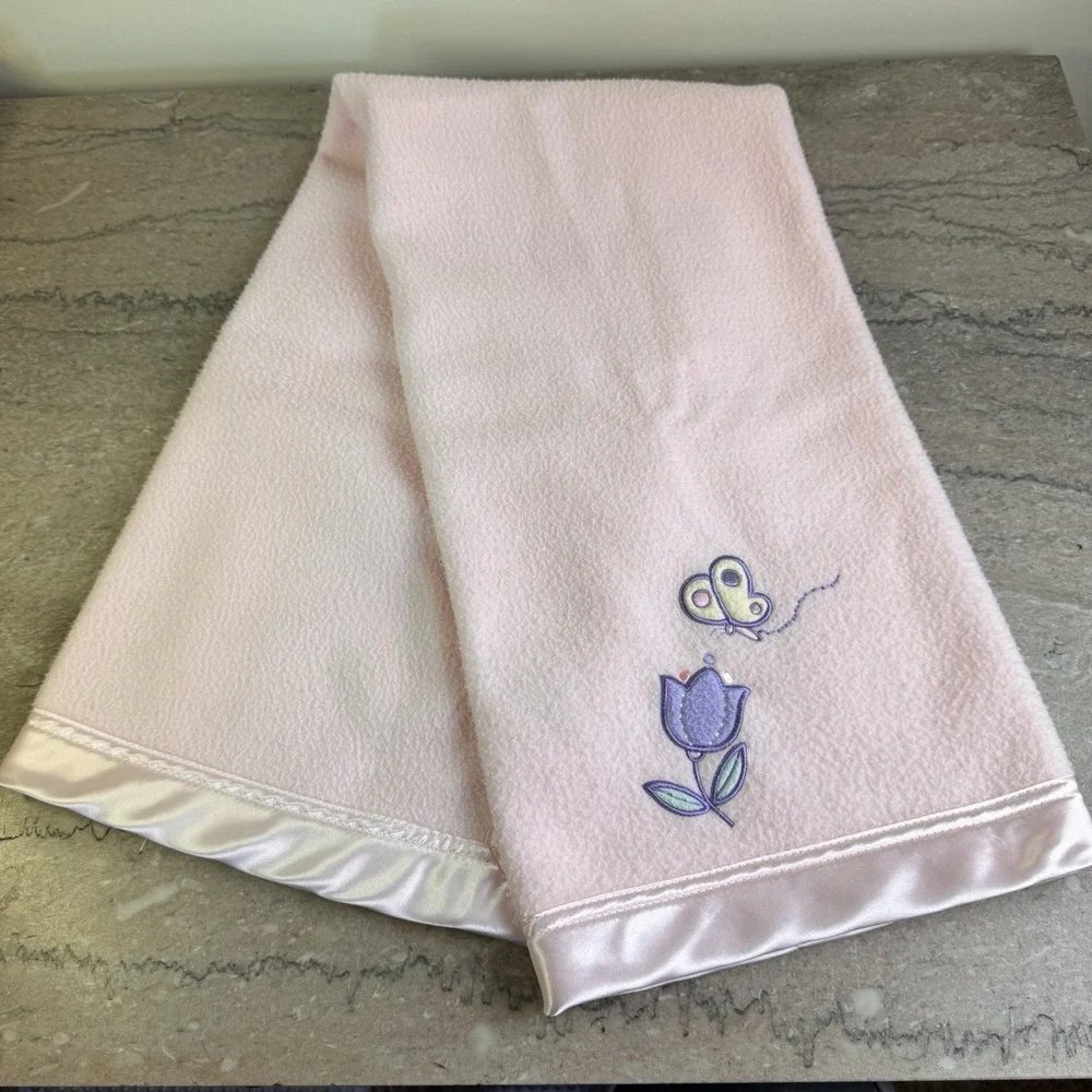 Vtg Wamsutta Baby Blanket Pink Satin Trim Flower Butterfly
